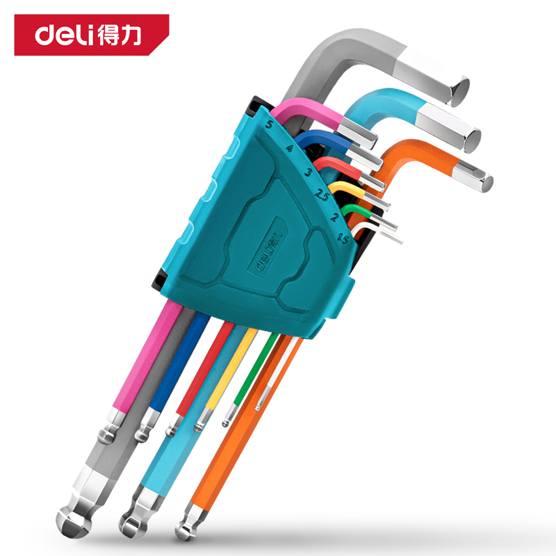 deli6008集团官方网站DW1782专业级镜面彩虹加长球头内六角组套9件套铬钒钢(蓝)(套)